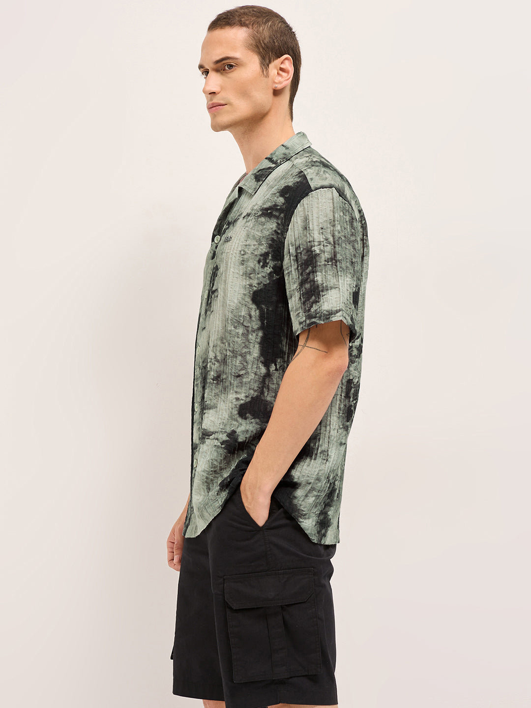 Men Dark Green Viscose Abstract print Relaxed Fit Cuban Collar Shirt