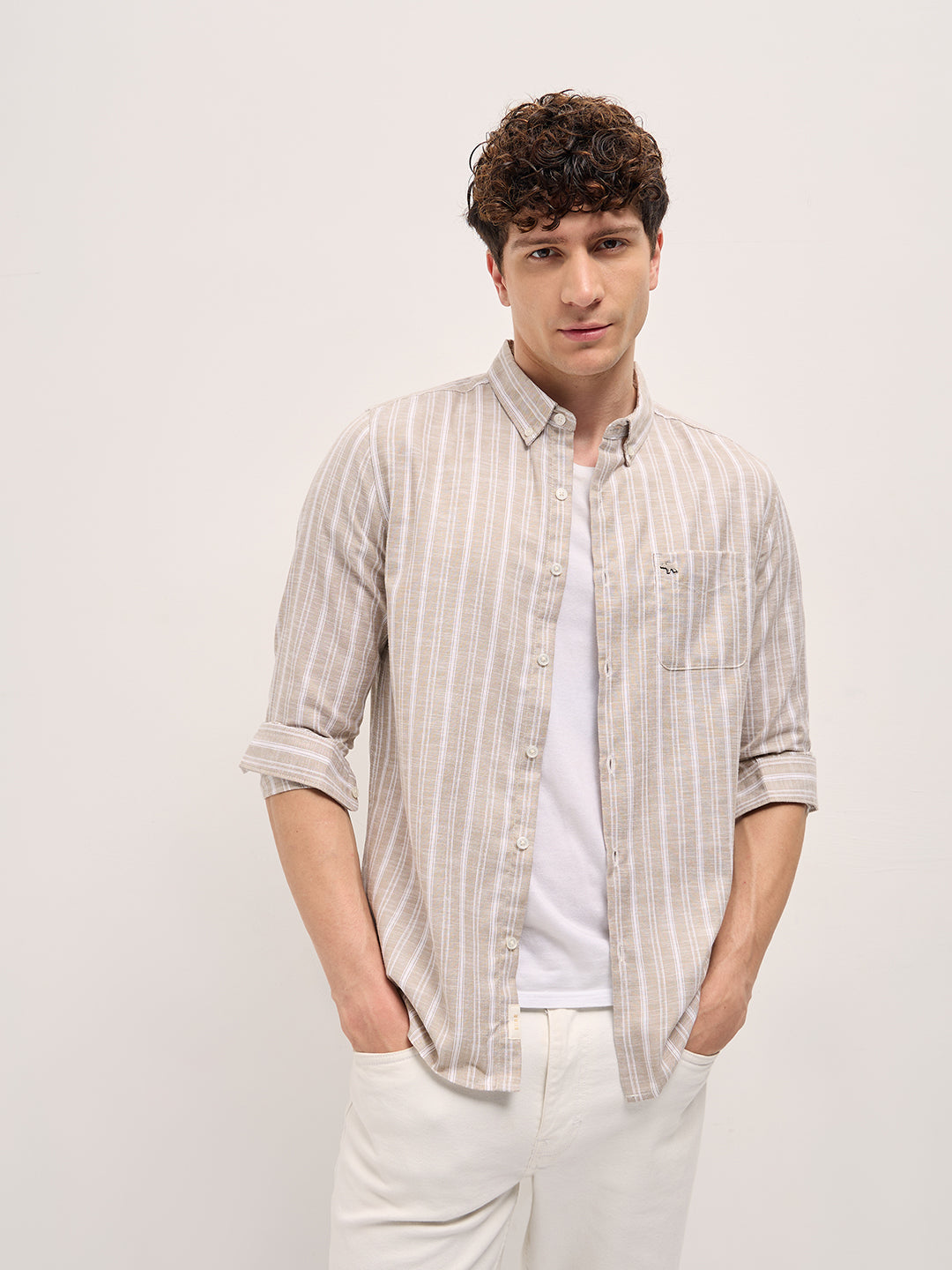 Men Beige Striped Slim Fit Casual Shirt