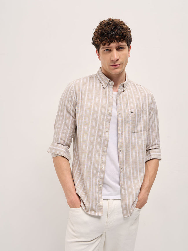 Men Beige Striped Slim Fit Casual Shirt