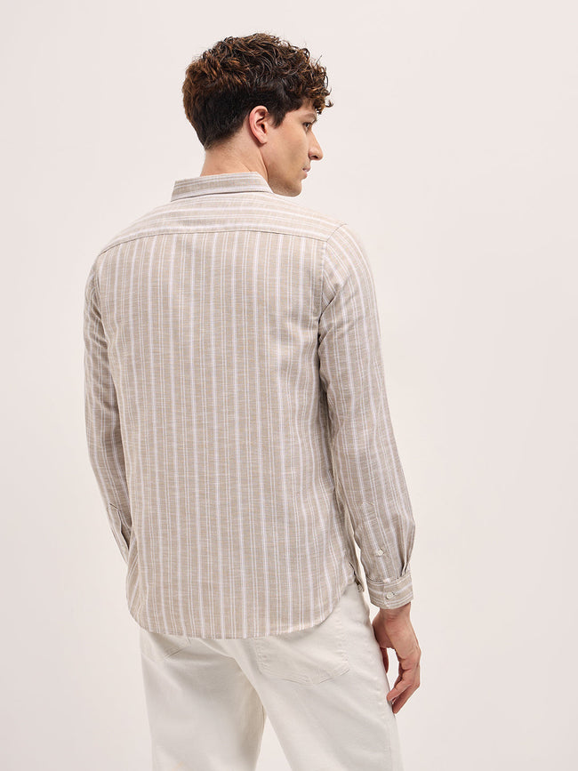 Men Beige Striped Slim Fit Casual Shirt
