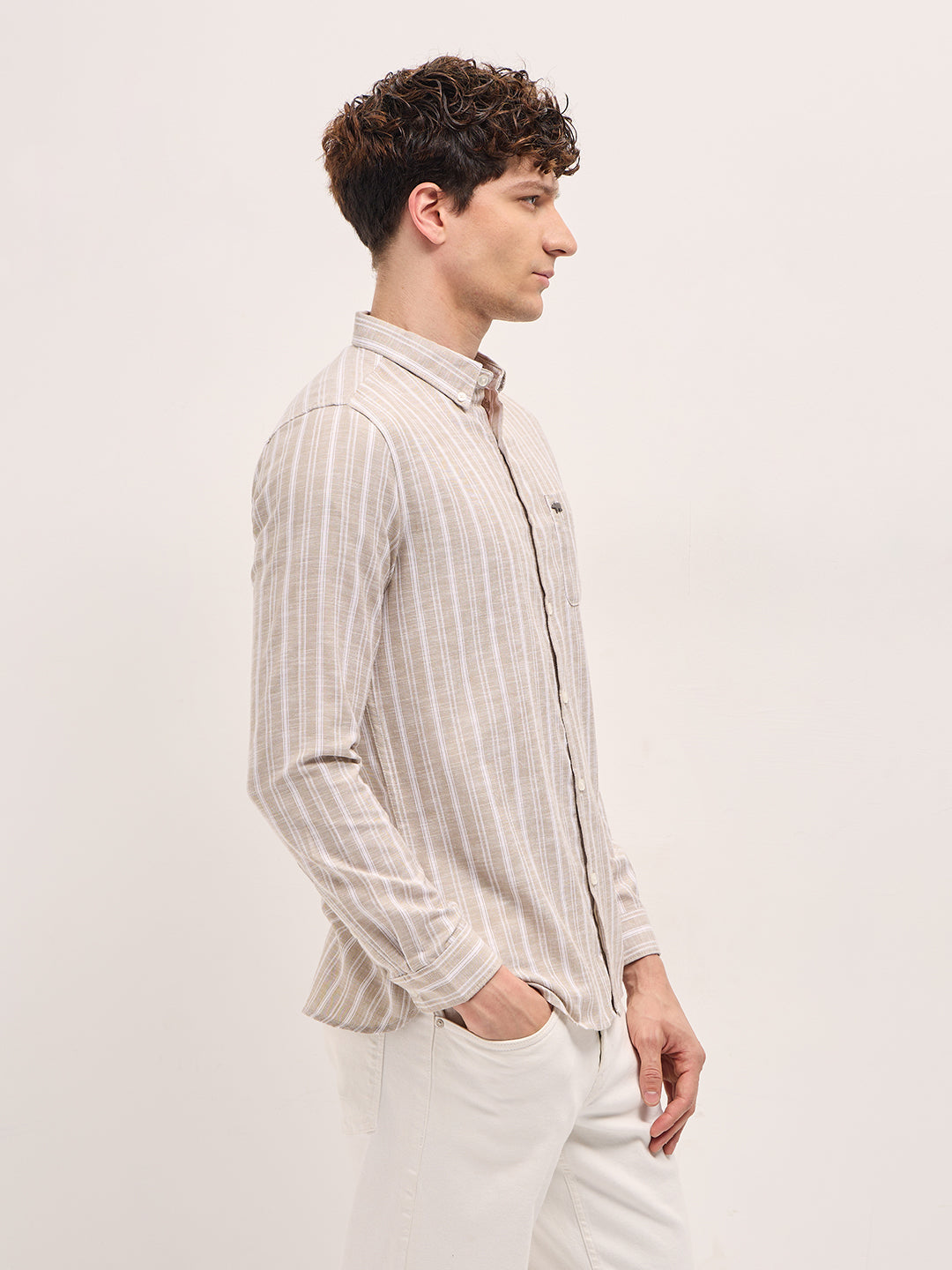 Men Beige Striped Slim Fit Casual Shirt