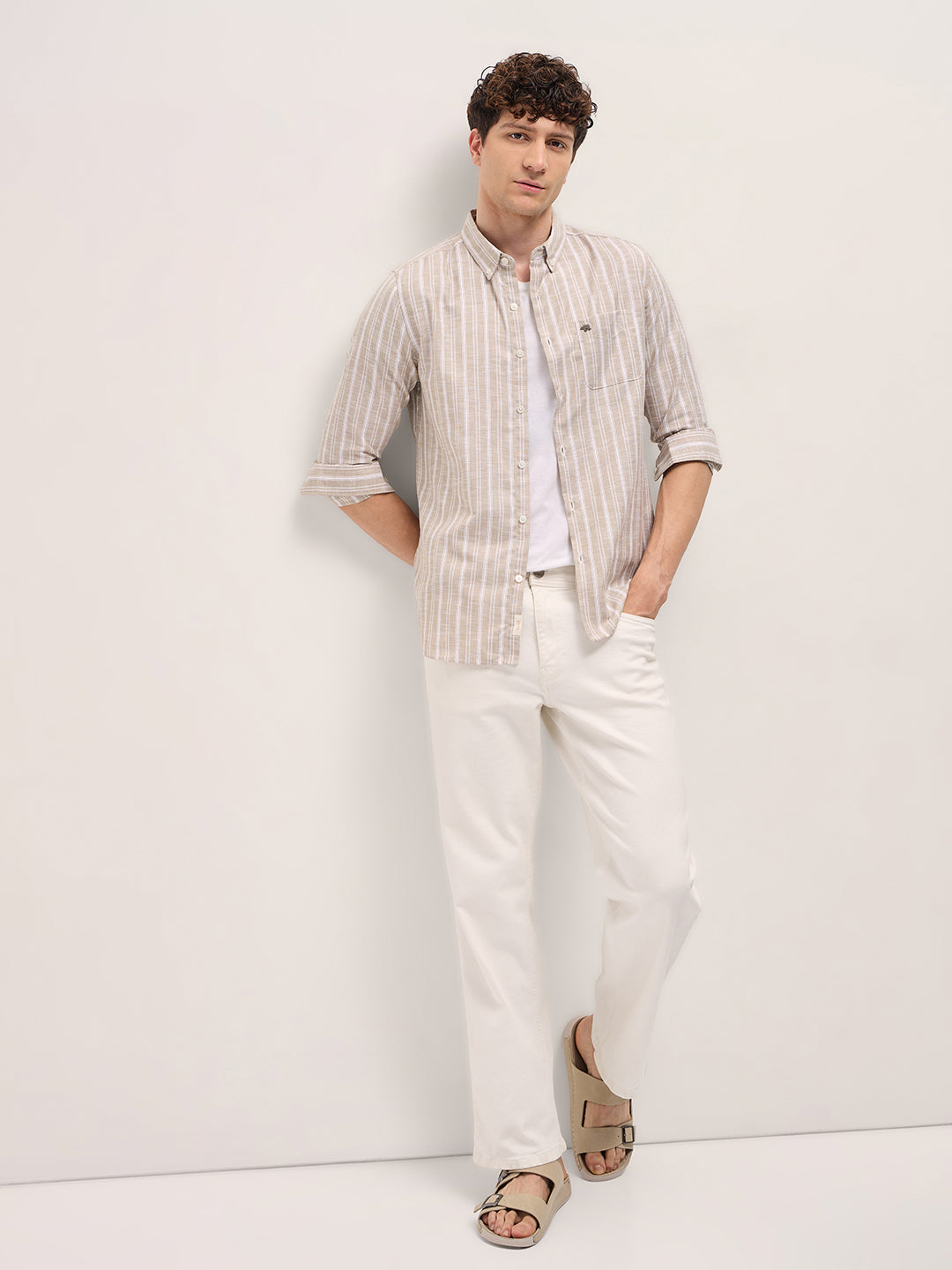 Men Beige Striped Slim Fit Casual Shirt