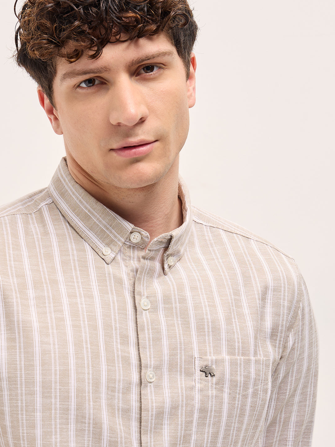 Men Beige Striped Slim Fit Casual Shirt
