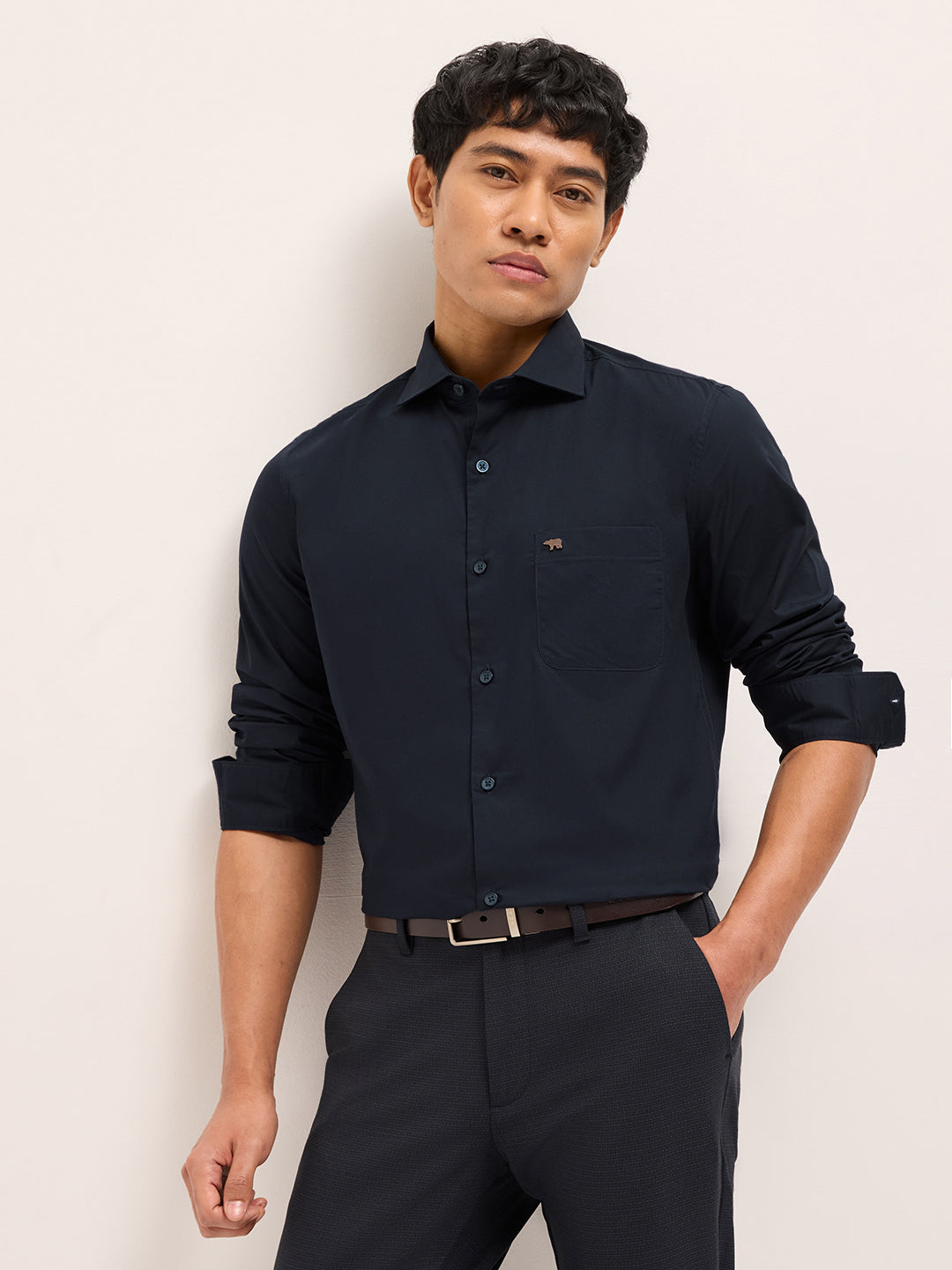 Men Blue Cotton Solid Shirt