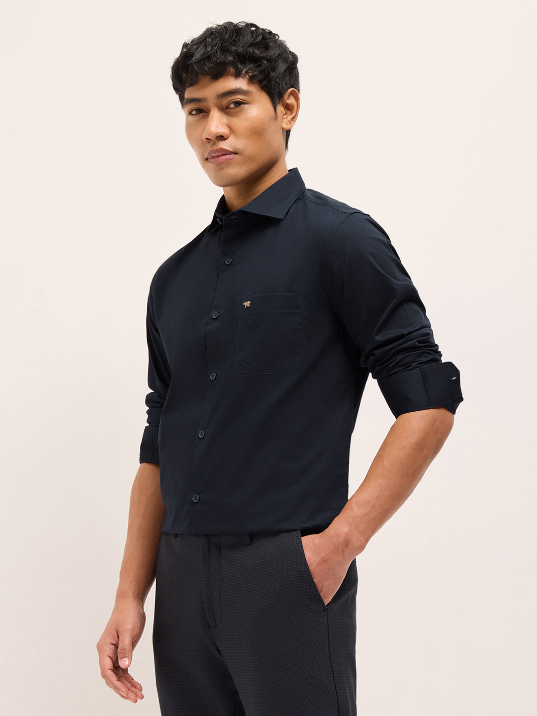 Men Blue Cotton Solid Shirt