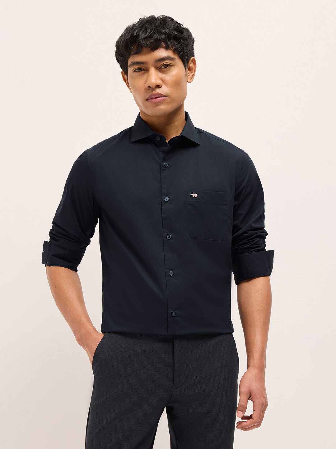 Men Blue Cotton Solid Shirt