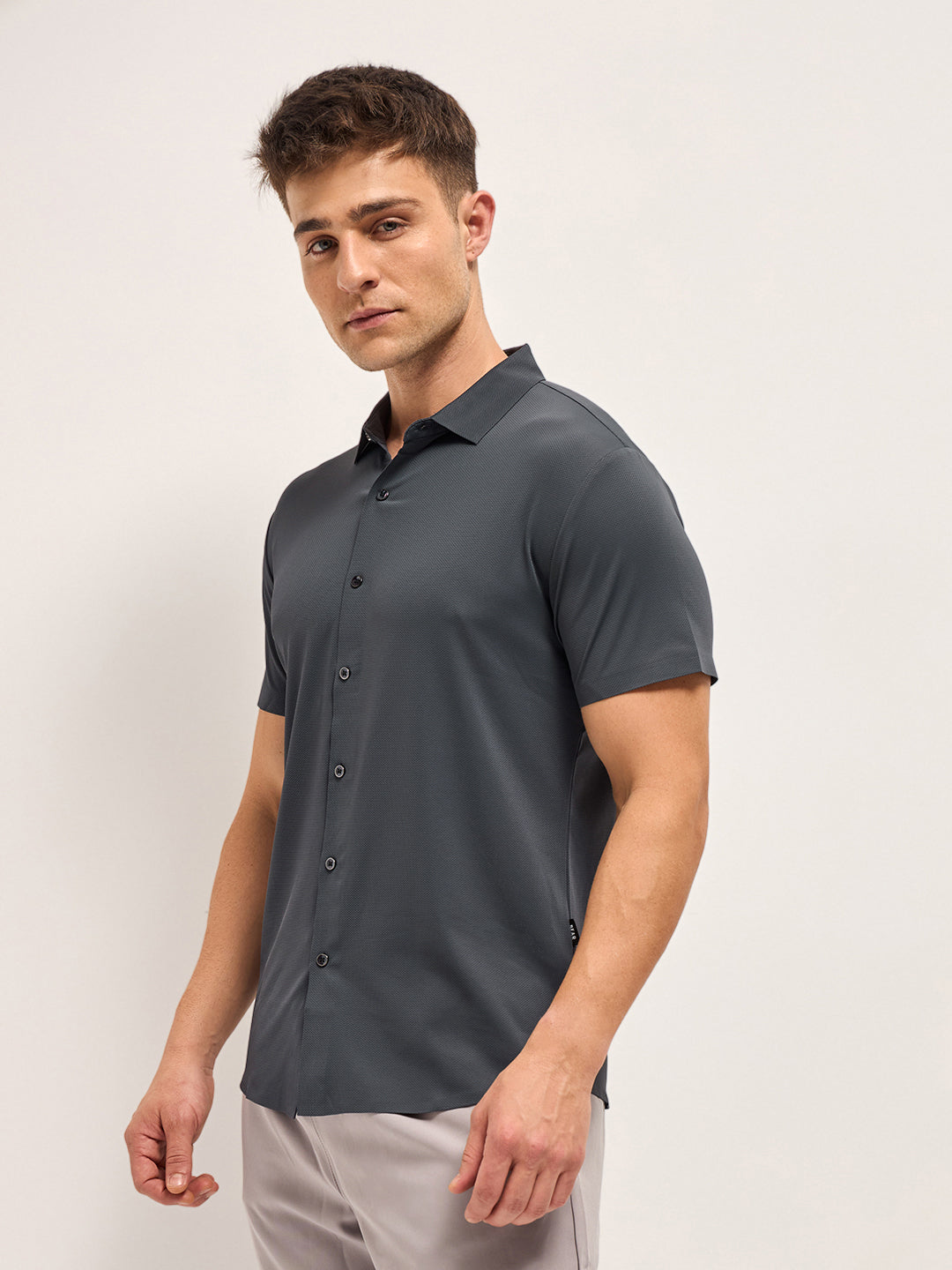 Men Charcoal Solid Nylon Blend Classic Spread Collar Shirt