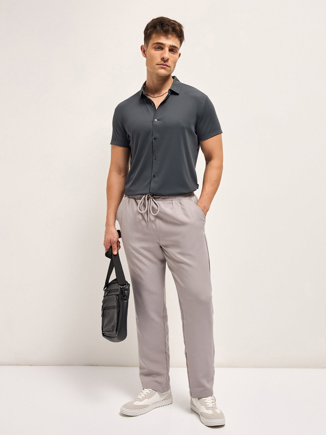 Men Charcoal Solid Nylon Blend Classic Spread Collar Shirt