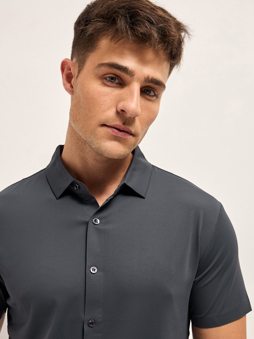 Men Charcoal Solid Nylon Blend Classic Spread Collar Shirt