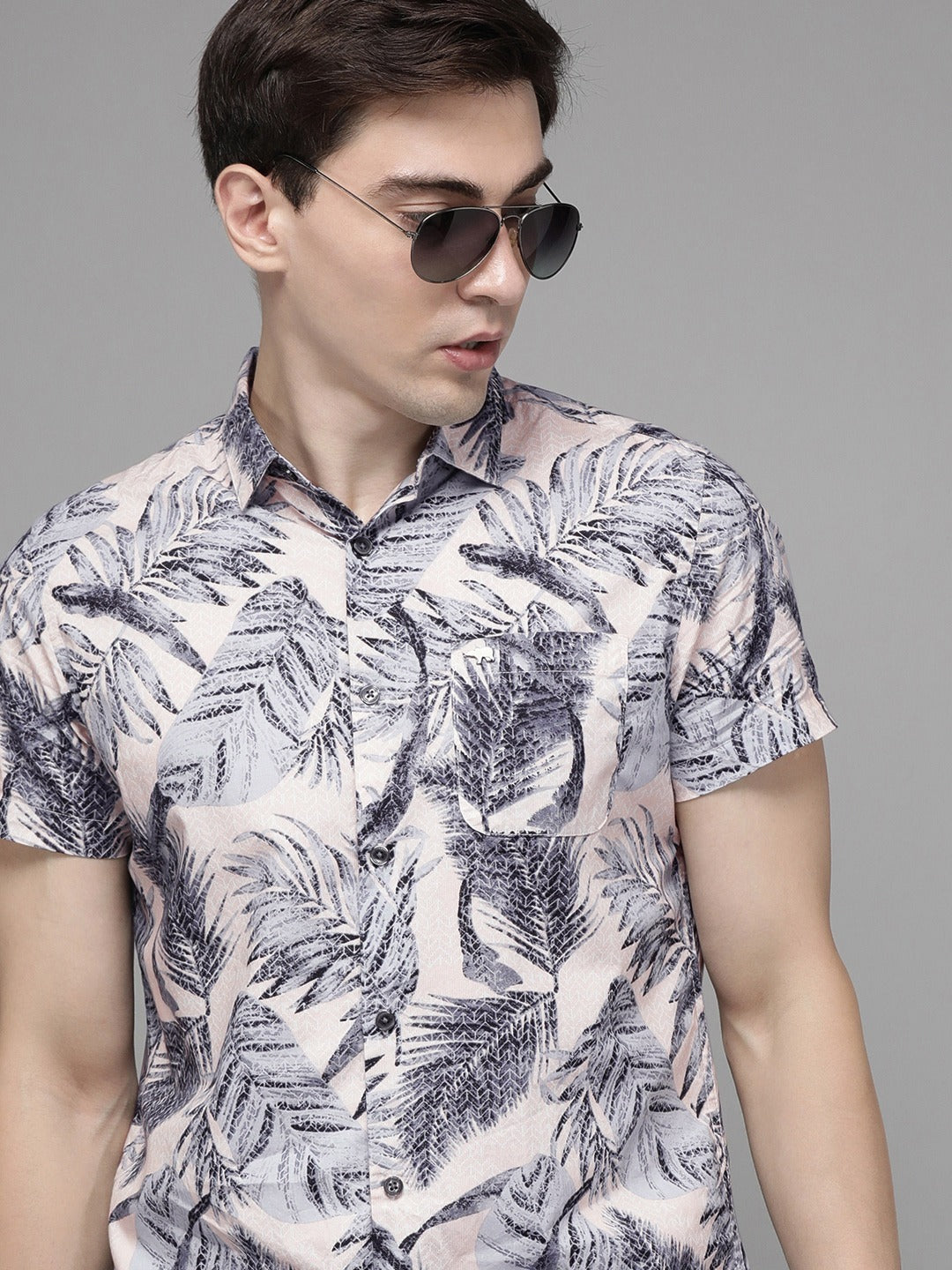 Men Peach Cotton Floral Shirt