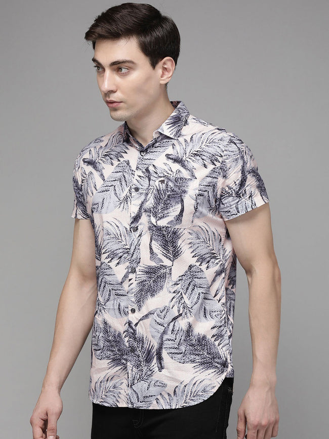 Men Peach Cotton Floral Shirt