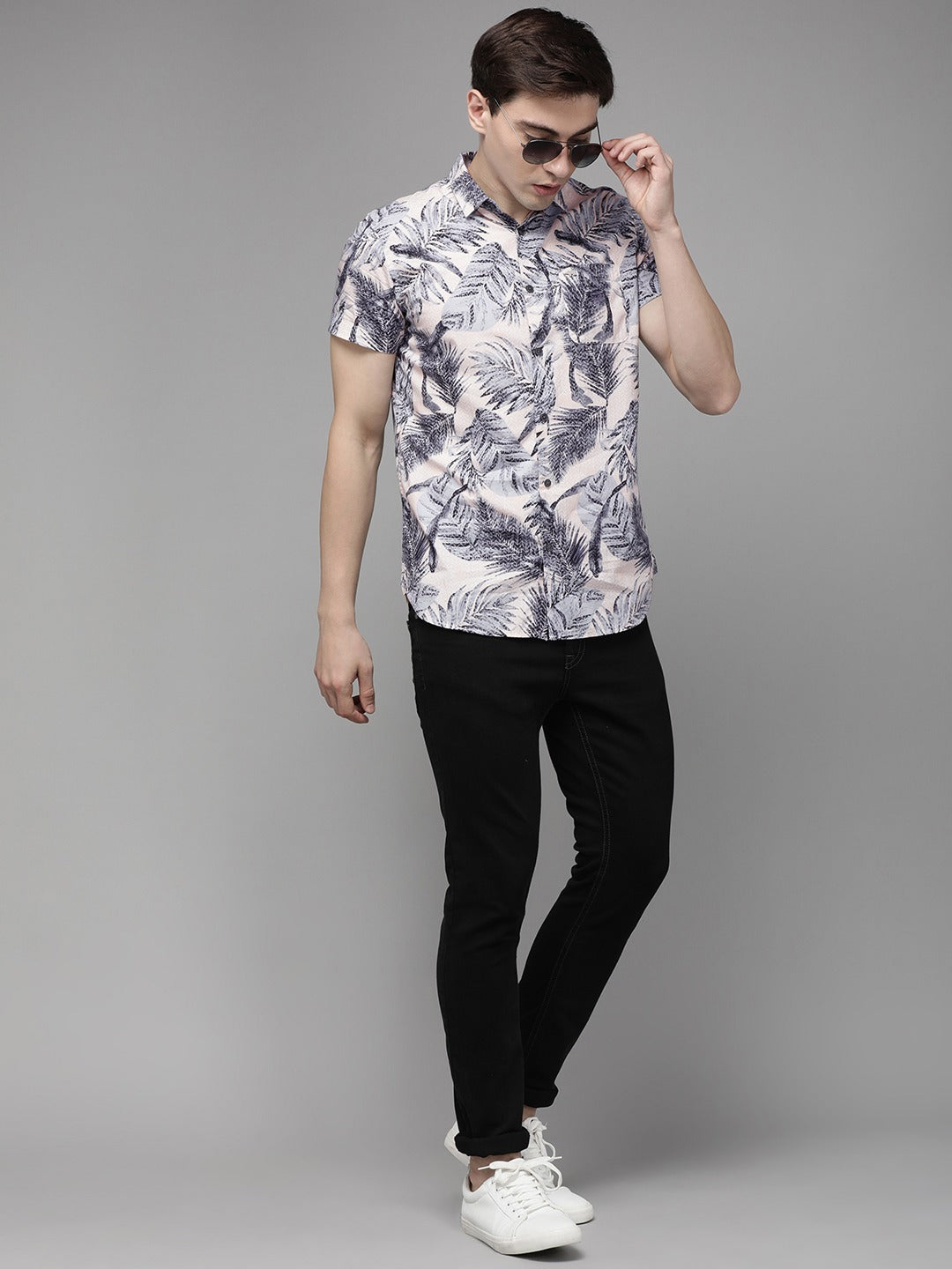 Men Peach Cotton Floral Shirt