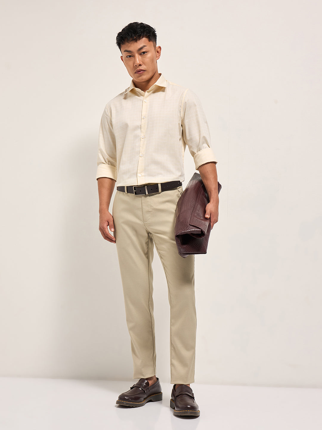 Men Cream Windowpane Checks Tailored Fit Formal Shirt