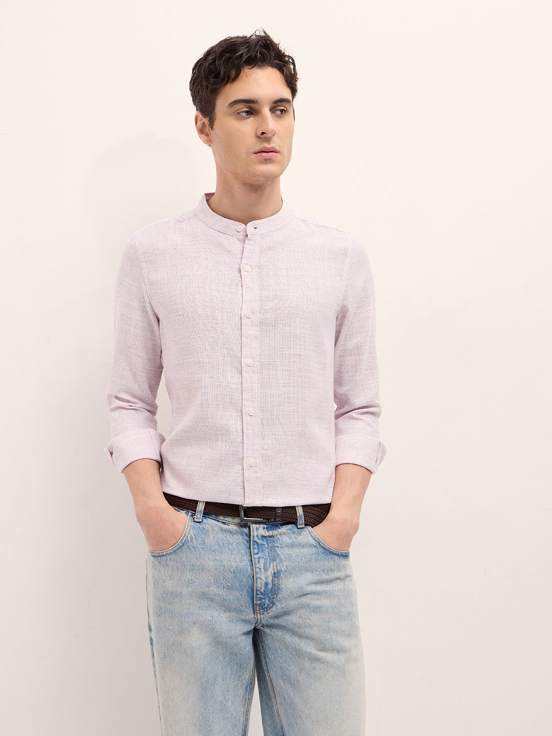 Men Light Pink Solid Slim Fit Casual Shirt