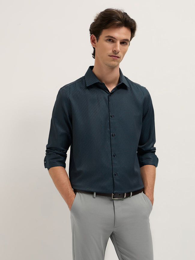Men Blue Woven Design Tailored Fit Formal Shirt