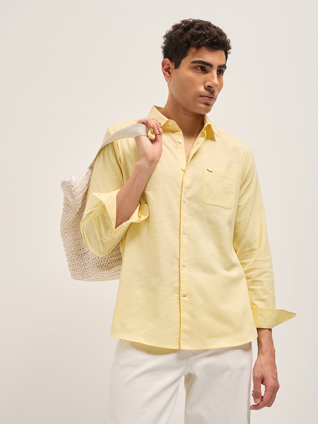 Men Yellow Cotton Linen Slim Fit Solid Casual Shirt