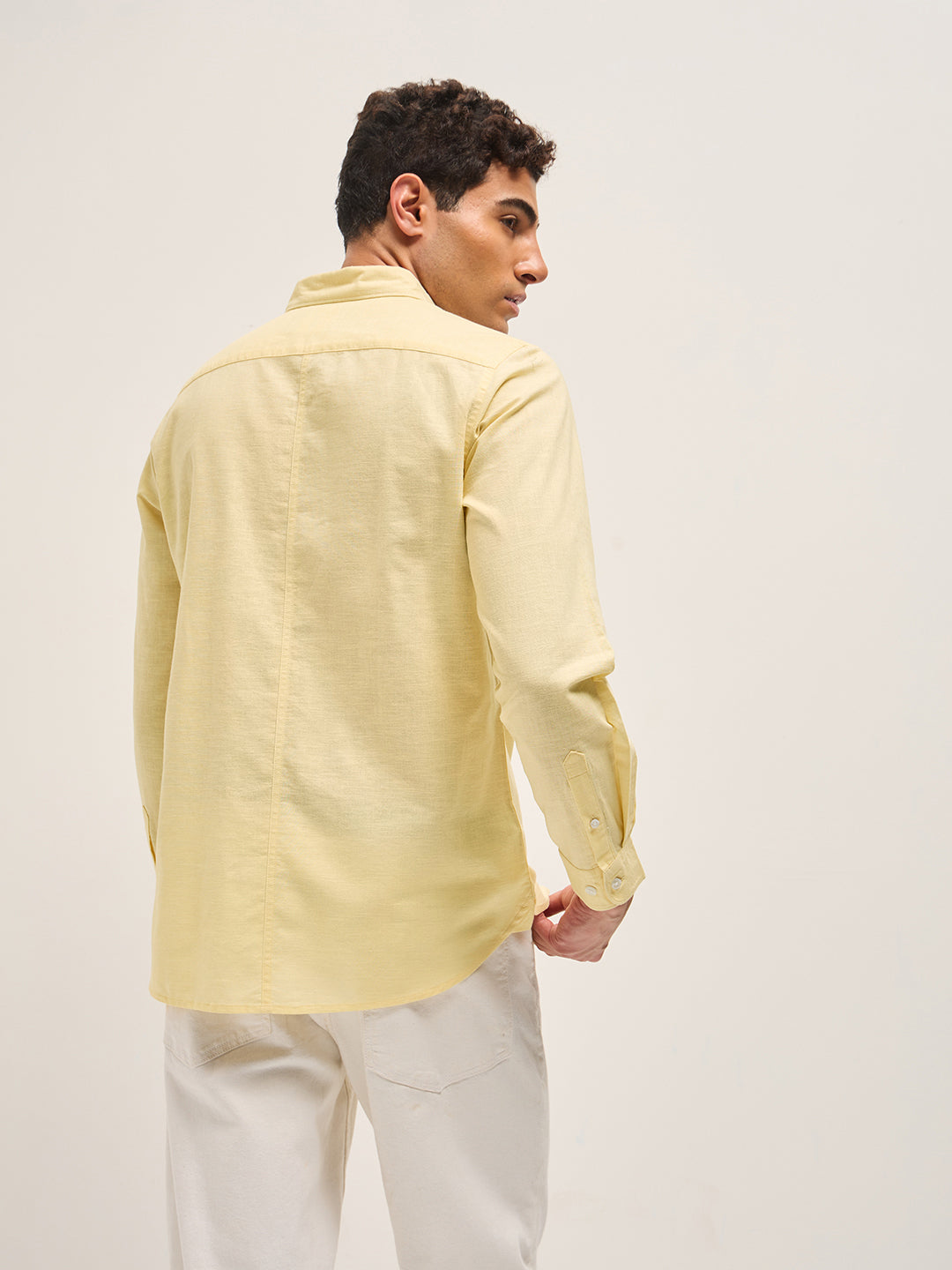 Men Yellow Cotton Linen Slim Fit Solid Casual Shirt