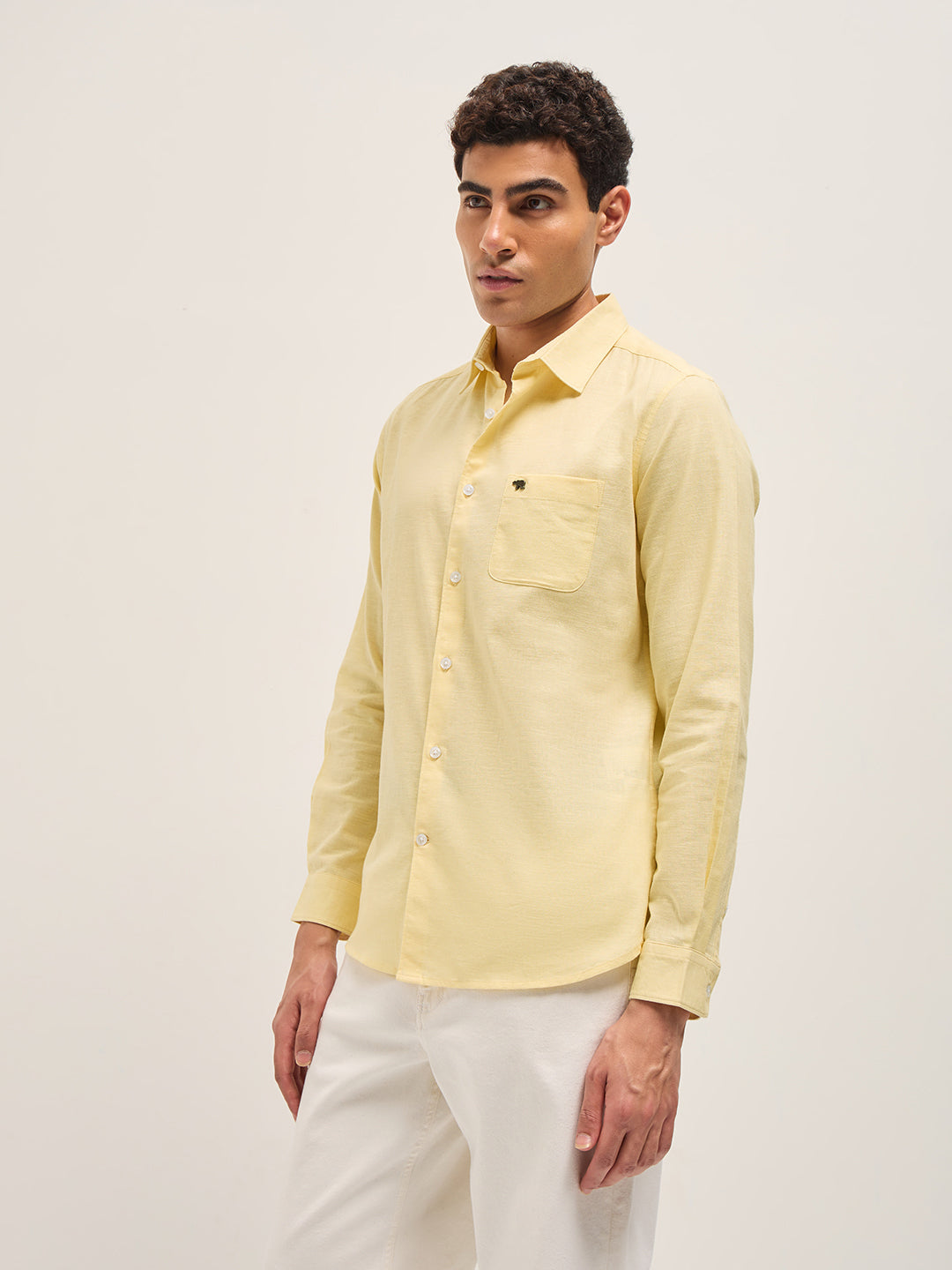 Men Yellow Cotton Linen Slim Fit Solid Casual Shirt
