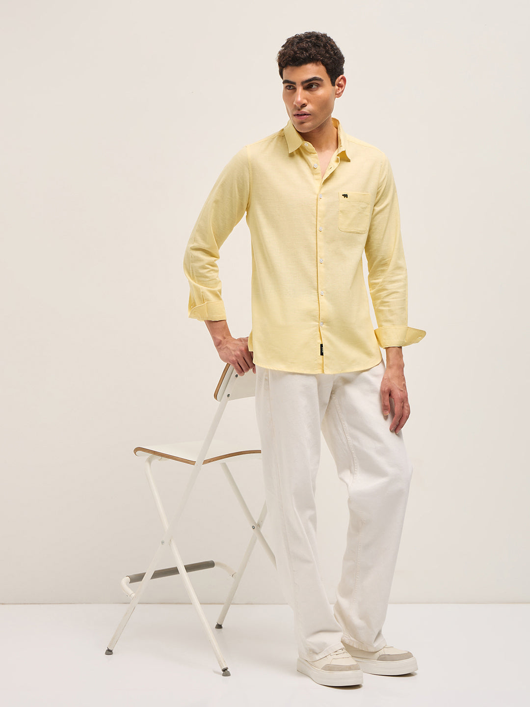 Men Yellow Cotton Linen Slim Fit Solid Casual Shirt