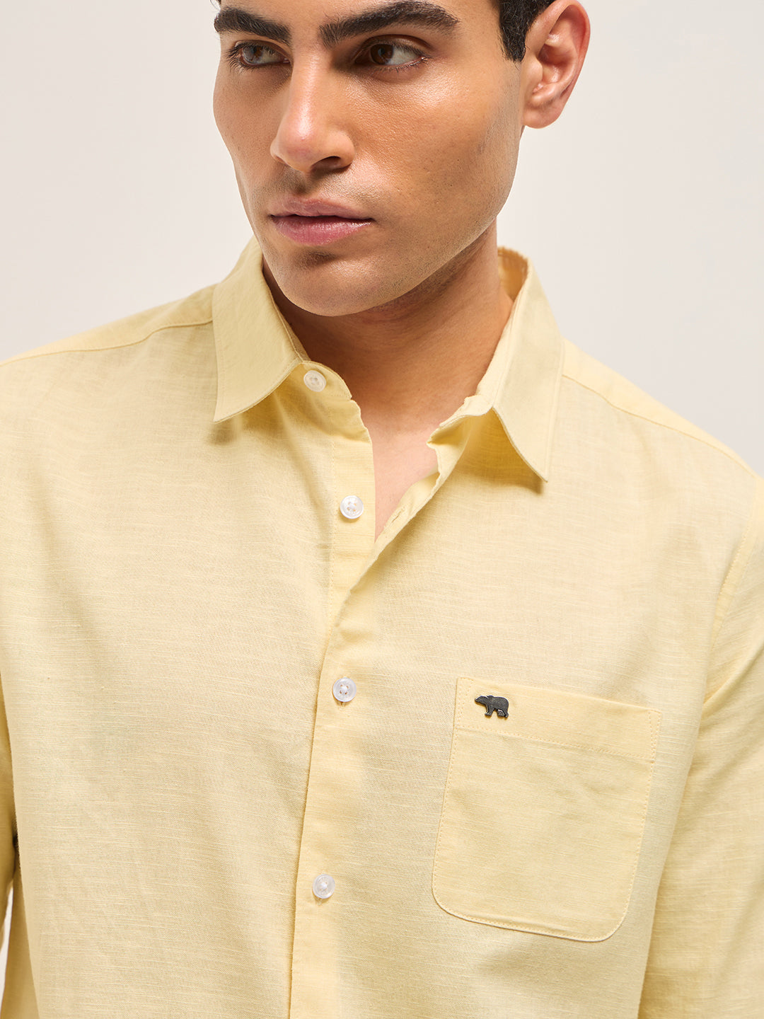 Men Yellow Cotton Linen Slim Fit Solid Casual Shirt