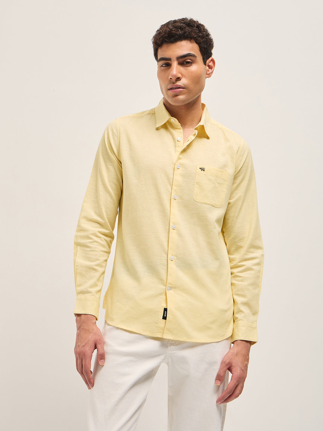 Men Yellow Cotton Linen Slim Fit Solid Casual Shirt