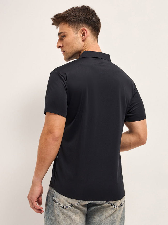 Men Black Solid Nylon Blend Classic Spread Collar Shirt