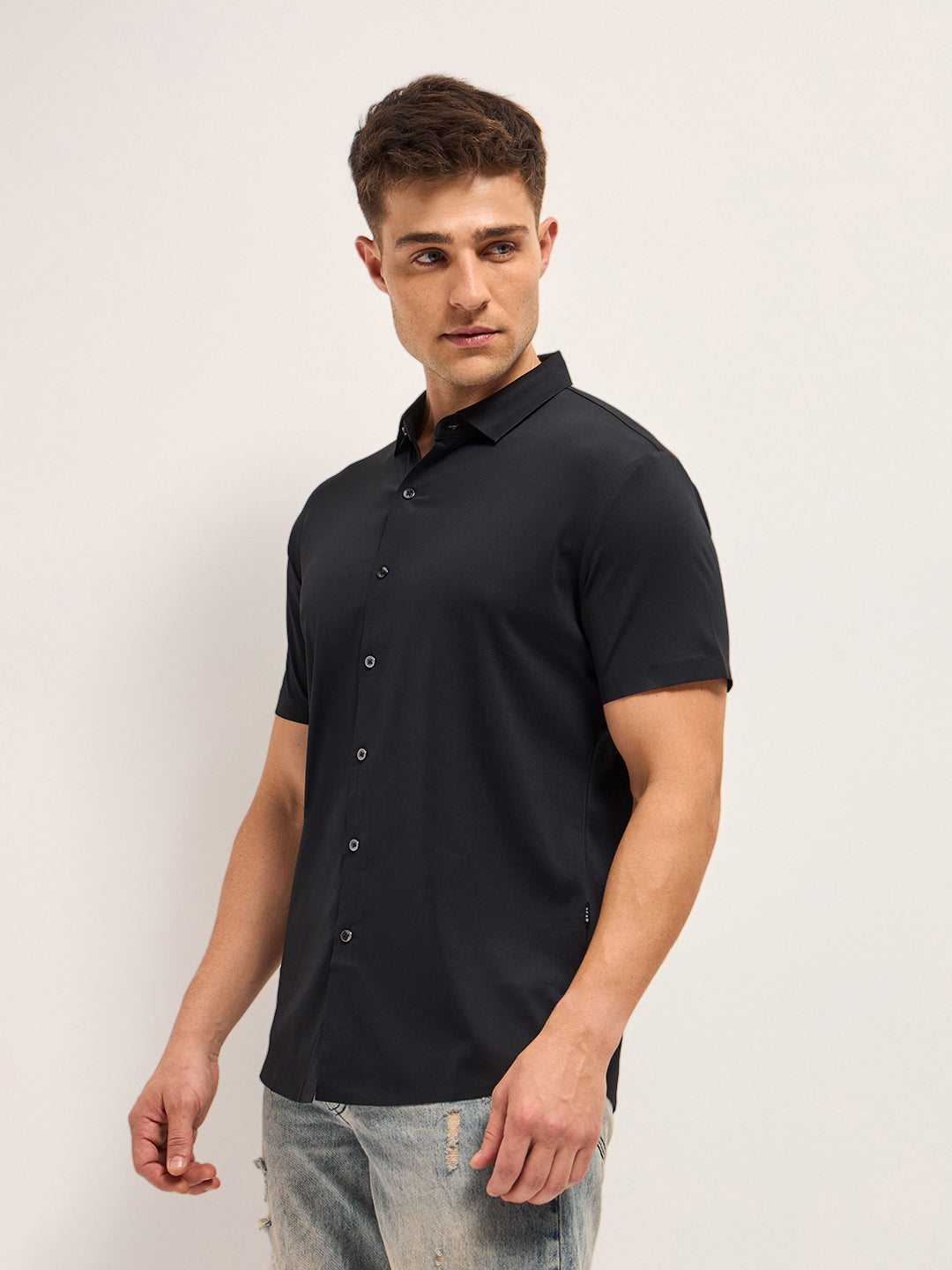 Men Black Solid Nylon Blend Classic Spread Collar Shirt