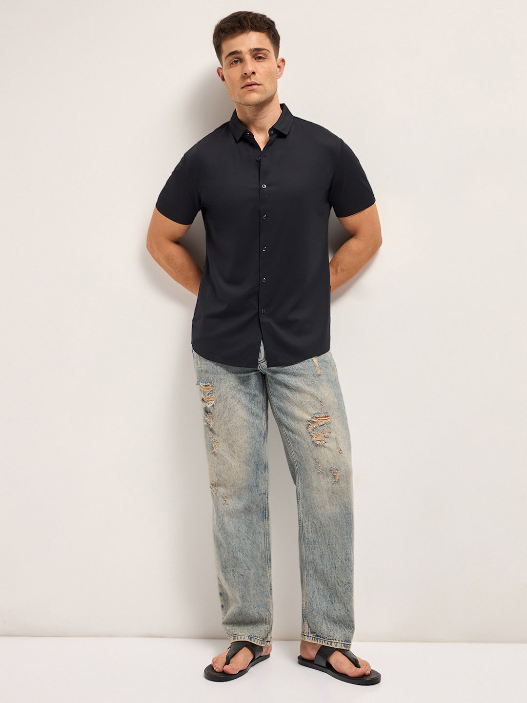 Men Black Solid Nylon Blend Classic Spread Collar Shirt