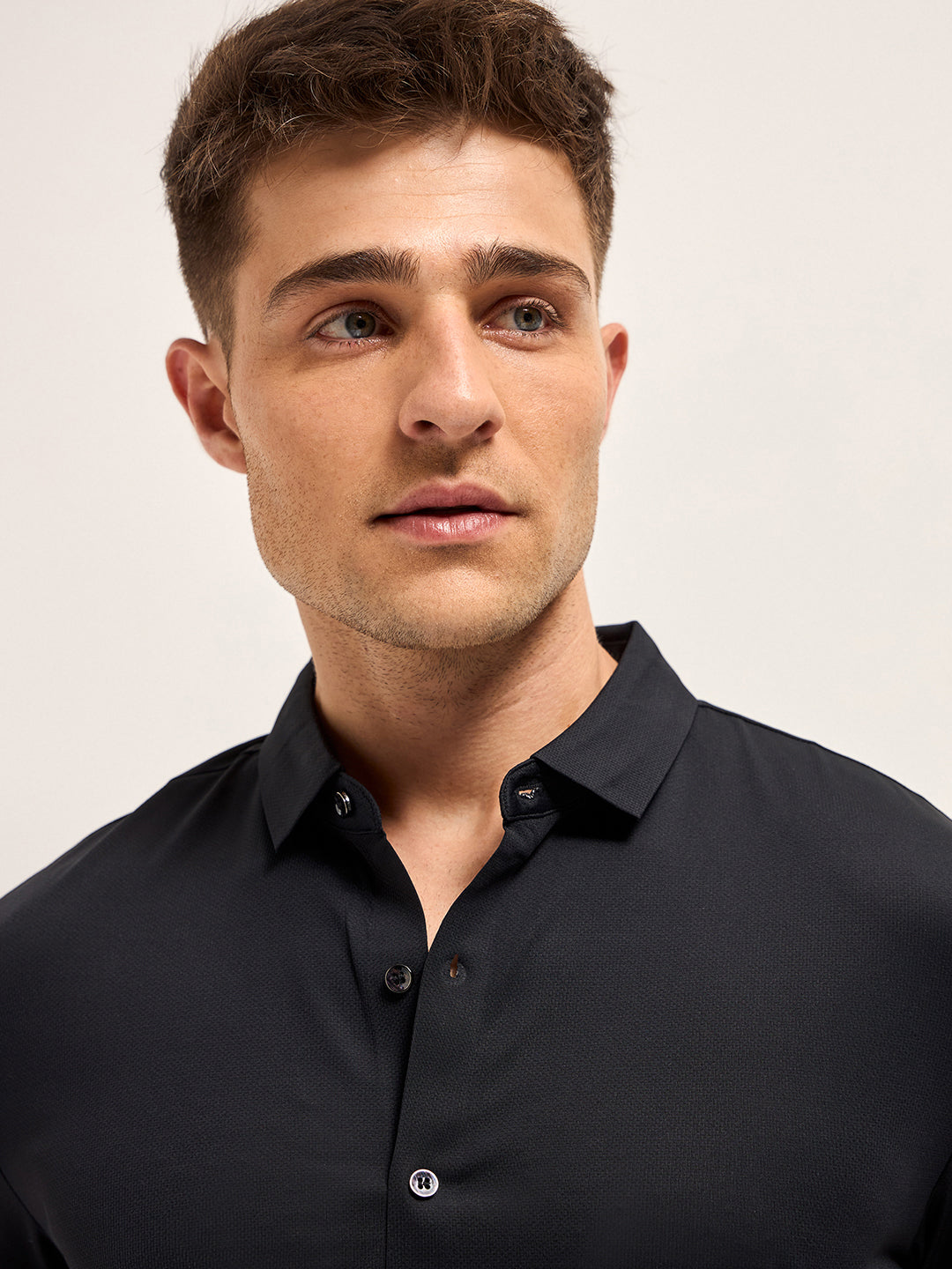 Men Black Solid Nylon Blend Classic Spread Collar Shirt