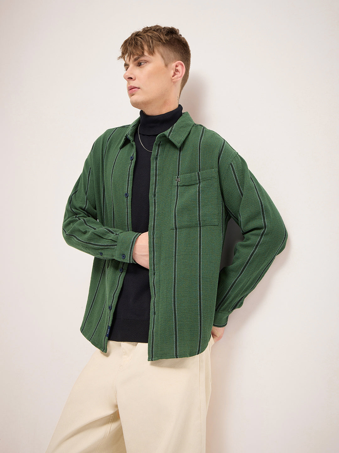 Men Green Vertical Stripe Relax Fit Casual Shirt