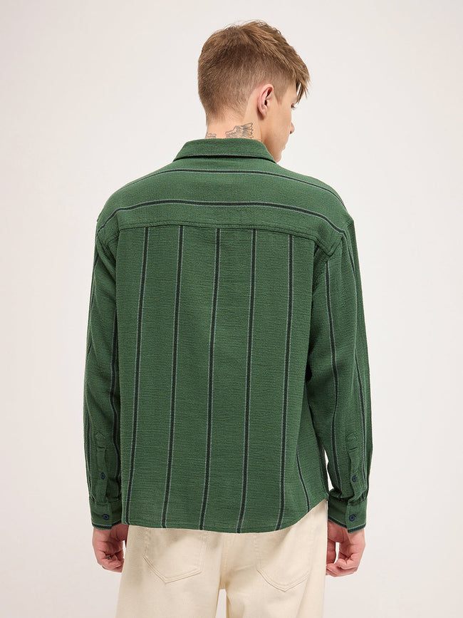 Men Green Vertical Stripe Relax Fit Casual Shirt