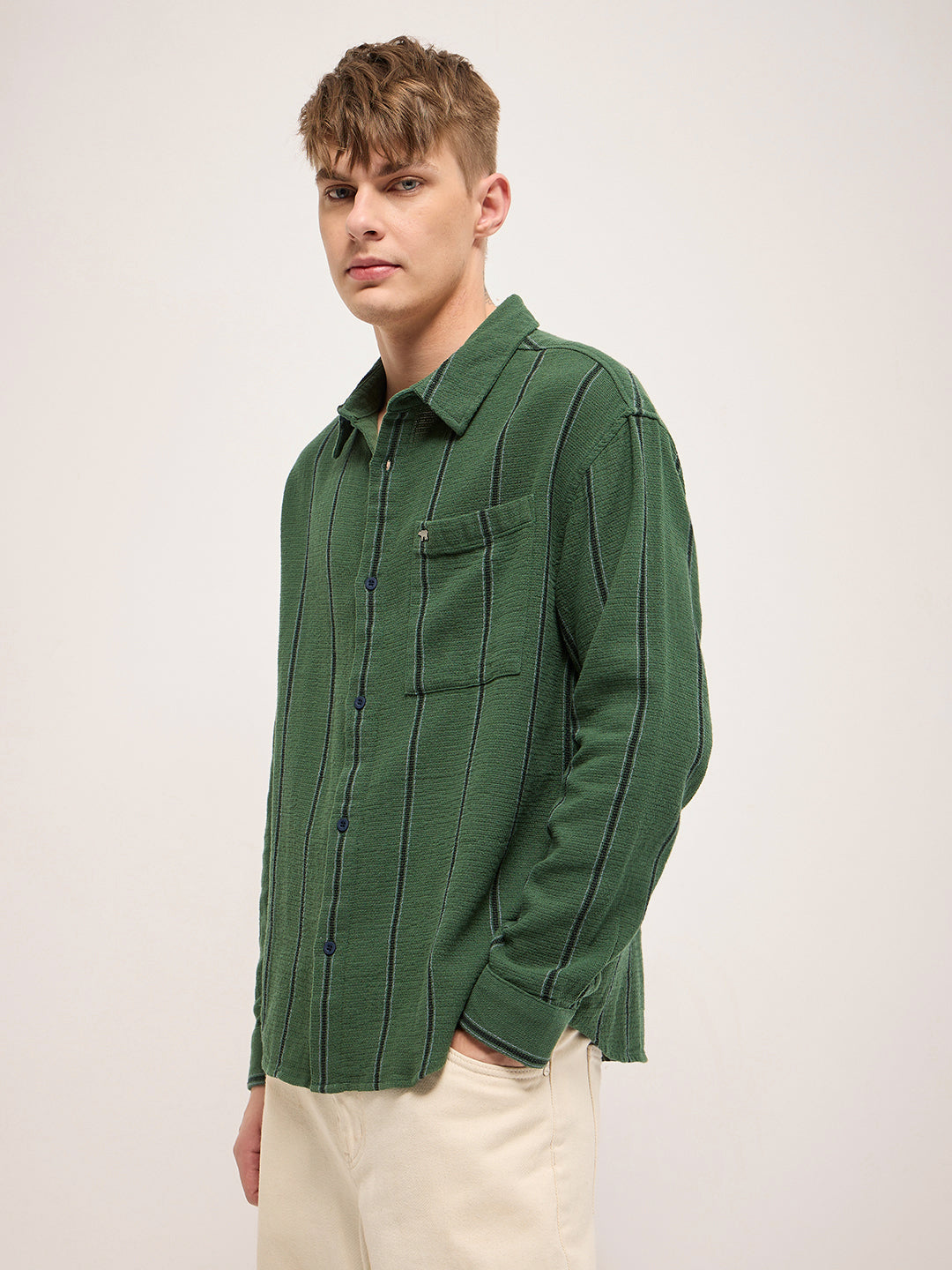 Men Green Vertical Stripe Relax Fit Casual Shirt