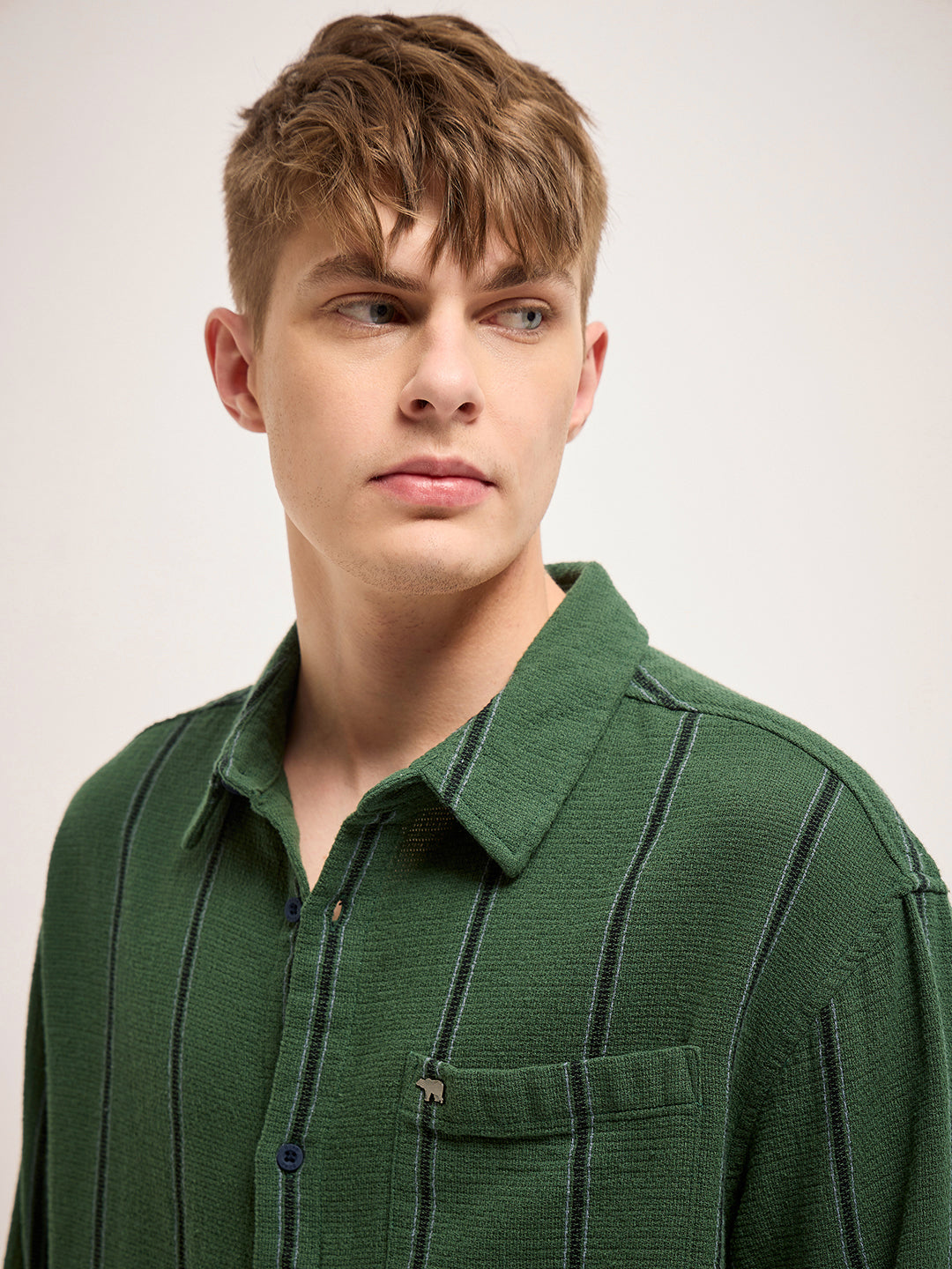 Men Green Vertical Stripe Relax Fit Casual Shirt