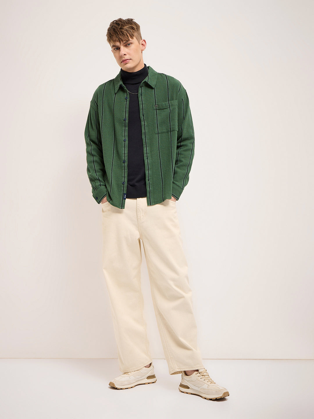 Men Green Vertical Stripe Relax Fit Casual Shirt