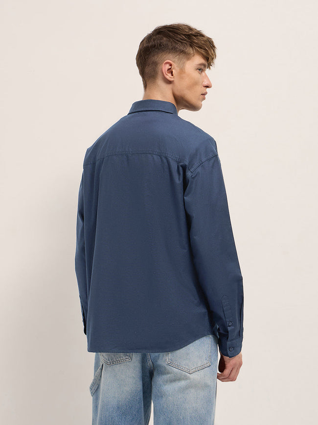 Men Blue Cotton Solid Relaxed Fit Overshirt