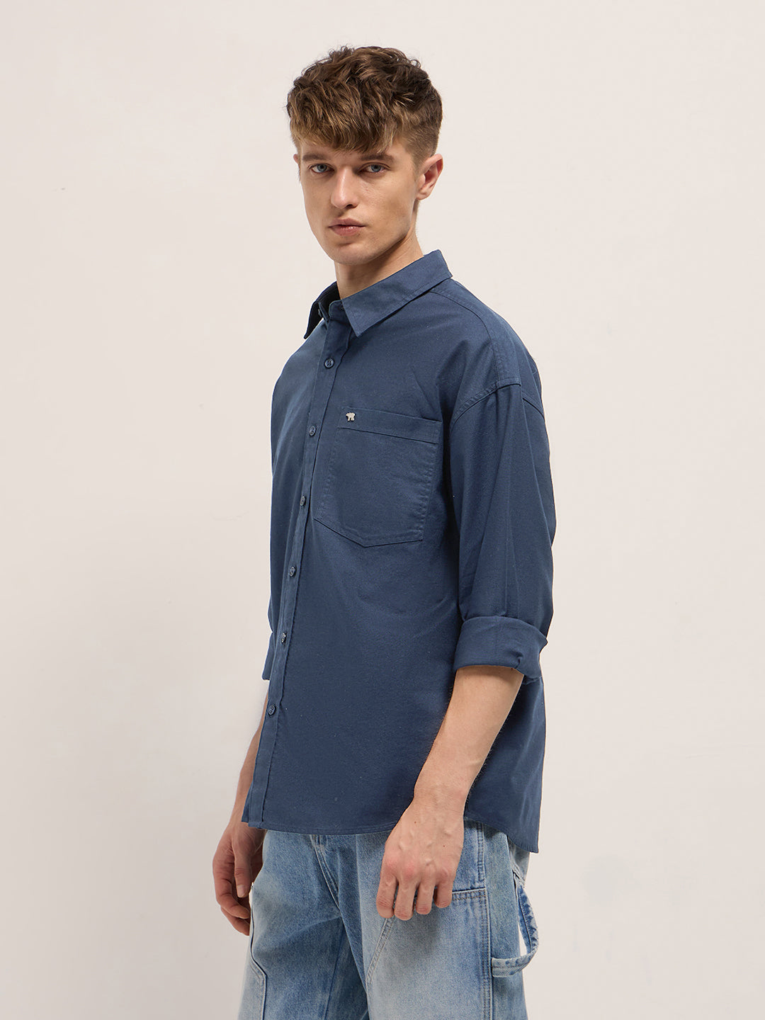 Men Blue Cotton Solid Relaxed Fit Overshirt
