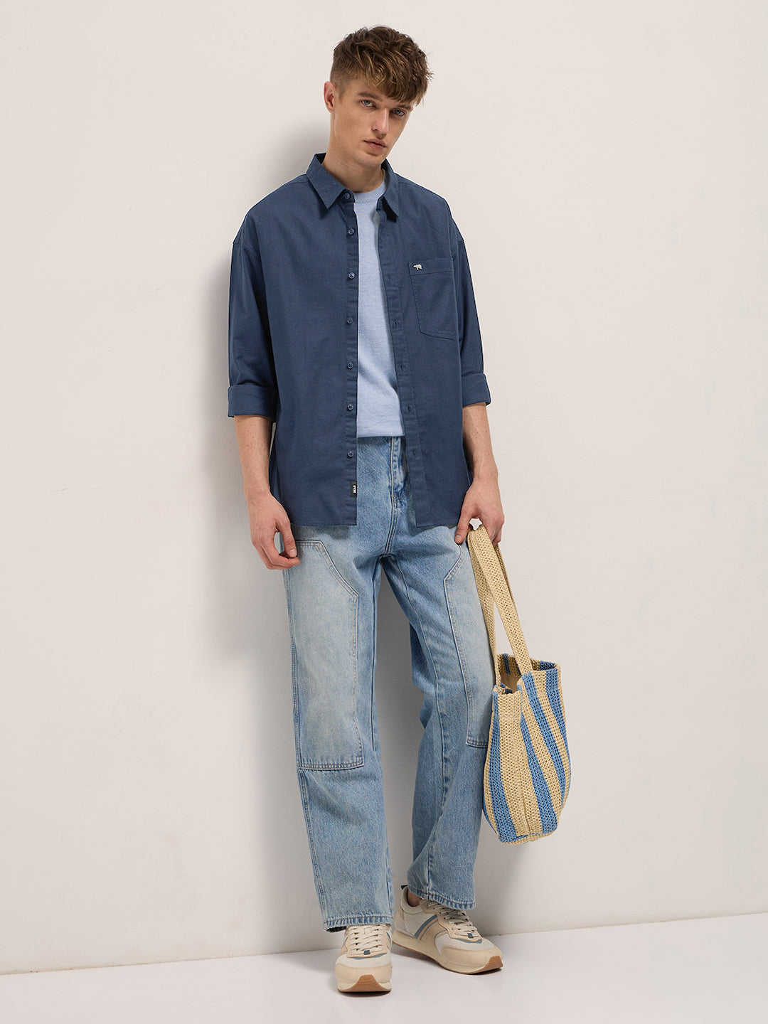 Men Blue Cotton Solid Relaxed Fit Overshirt