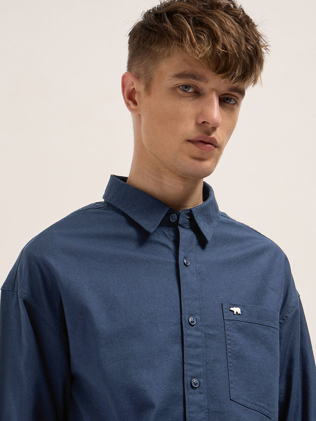 Men Blue Cotton Solid Relaxed Fit Overshirt