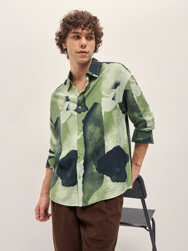Men Green Watercolor Camouflage Print Relax Fit Overshirt