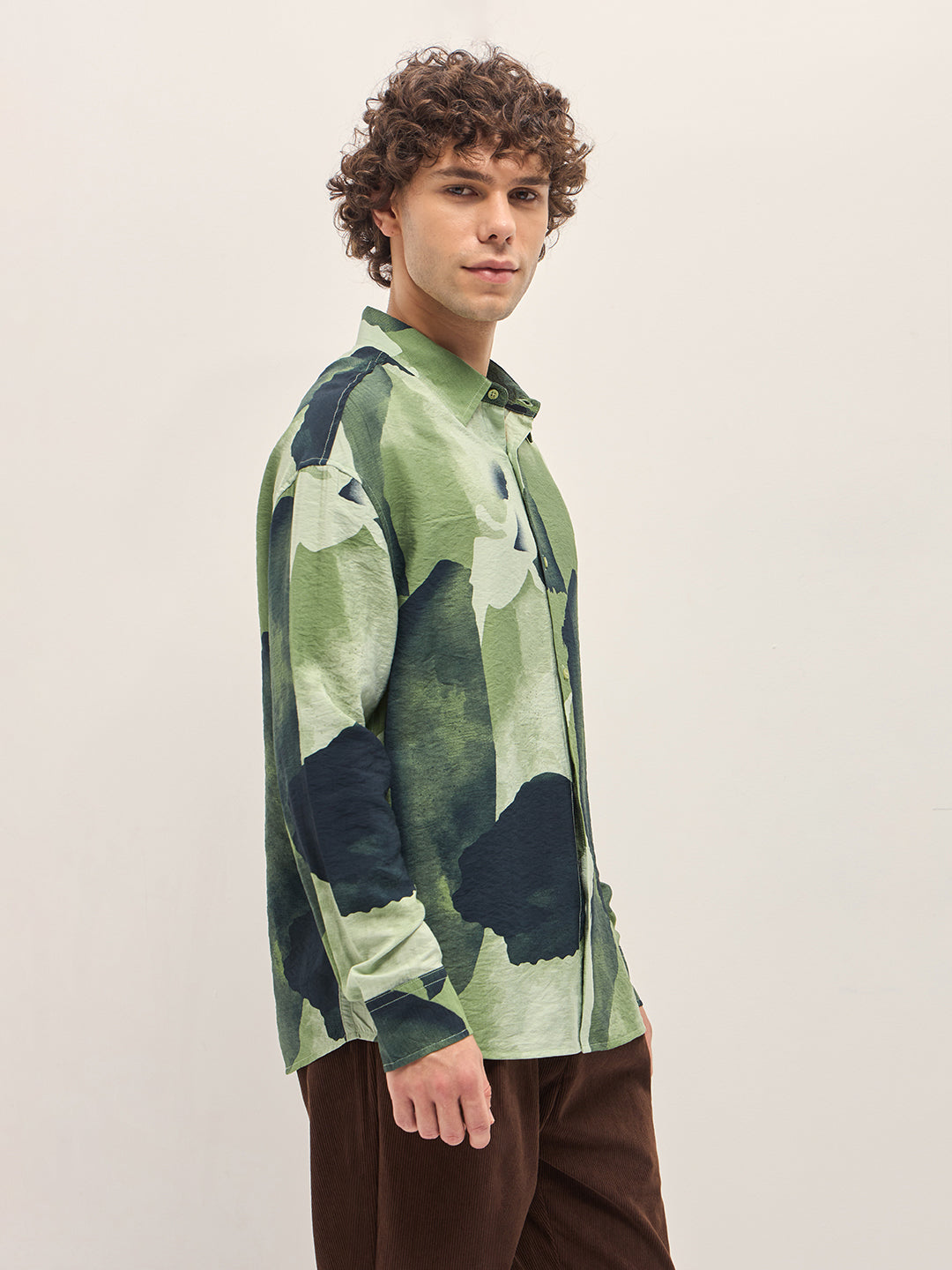 Men Green Watercolor Camouflage Print Relax Fit Overshirt