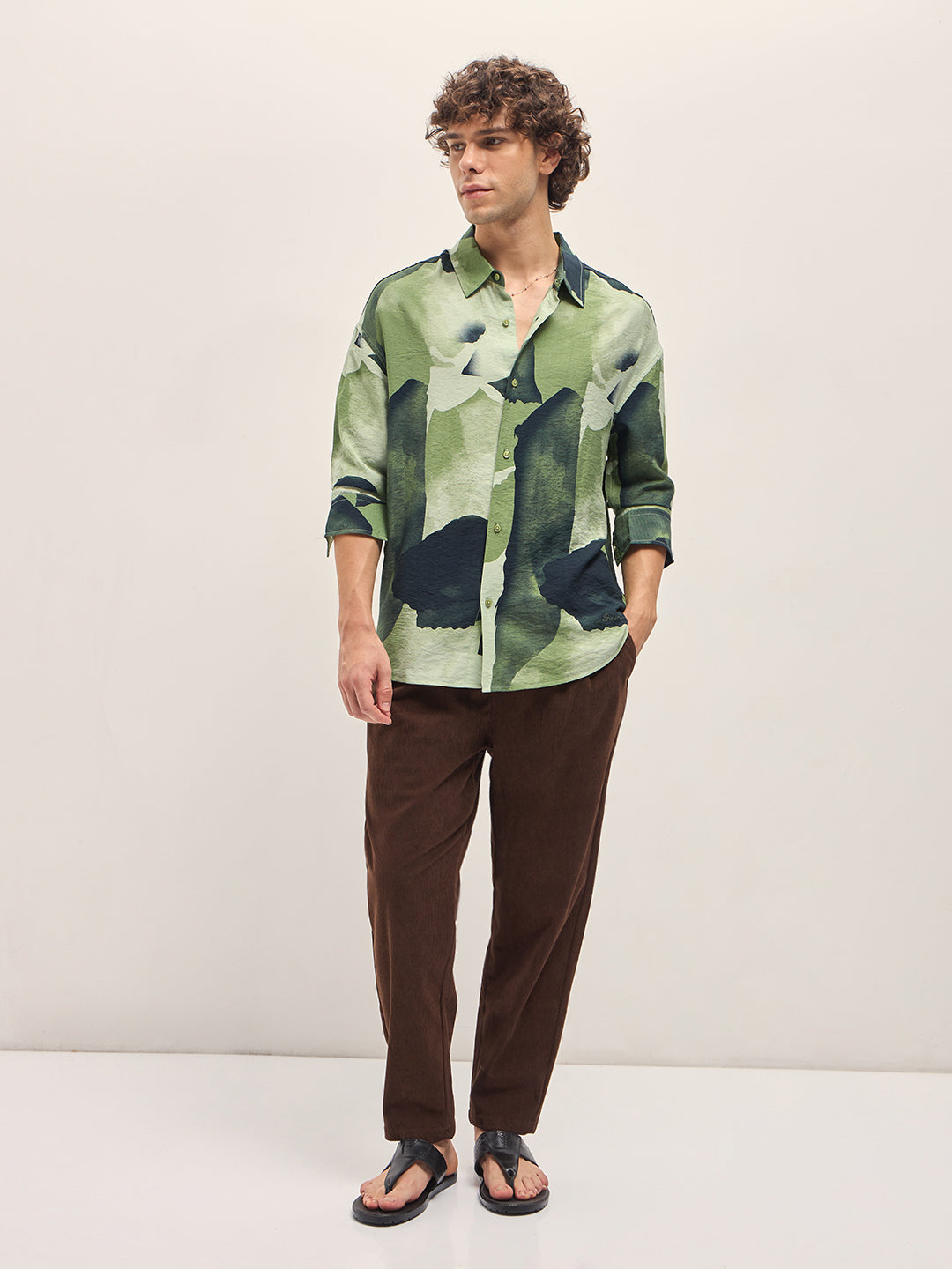 Men Green Watercolor Camouflage Print Relax Fit Overshirt