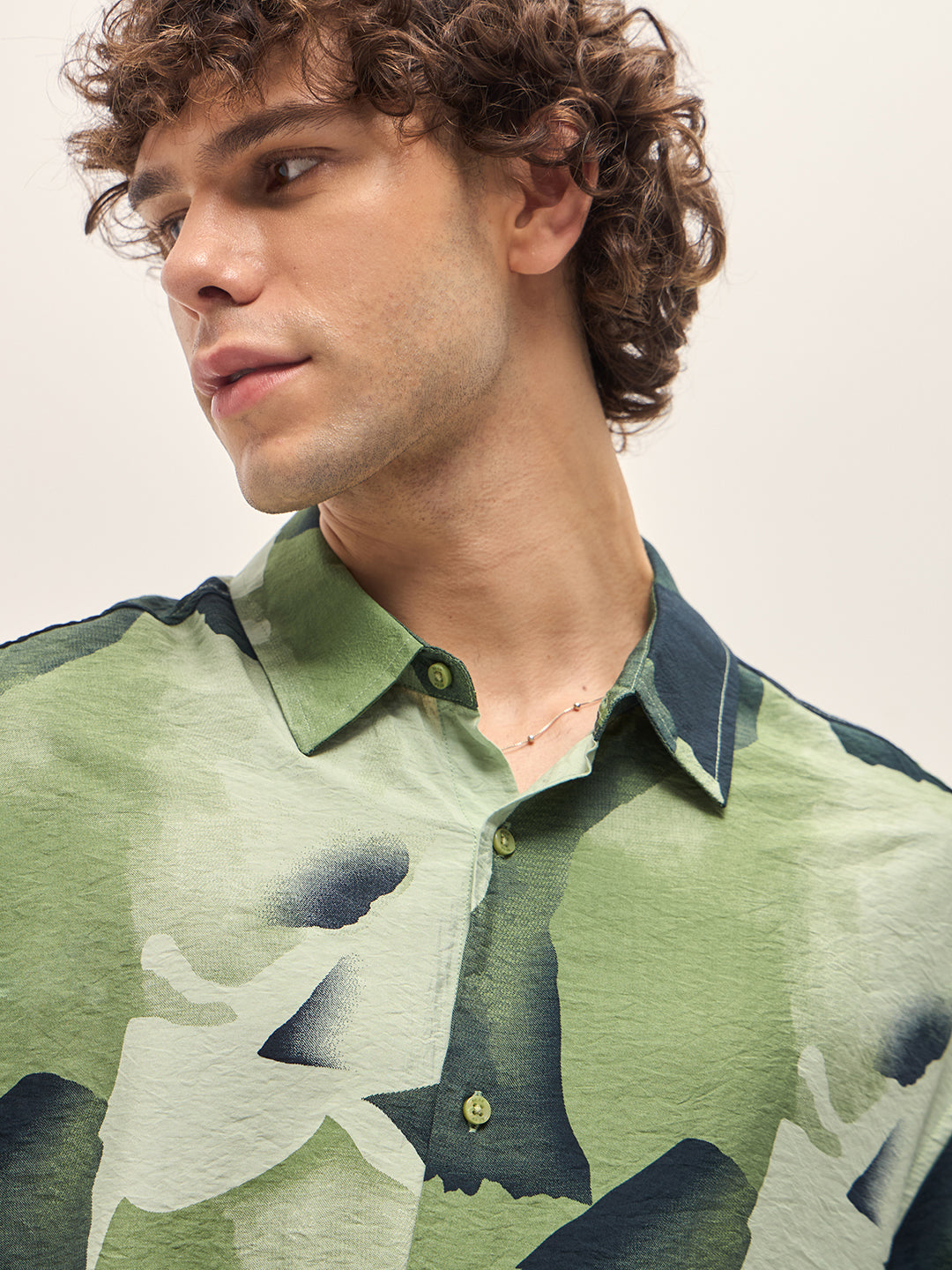 Men Green Watercolor Camouflage Print Relax Fit Overshirt