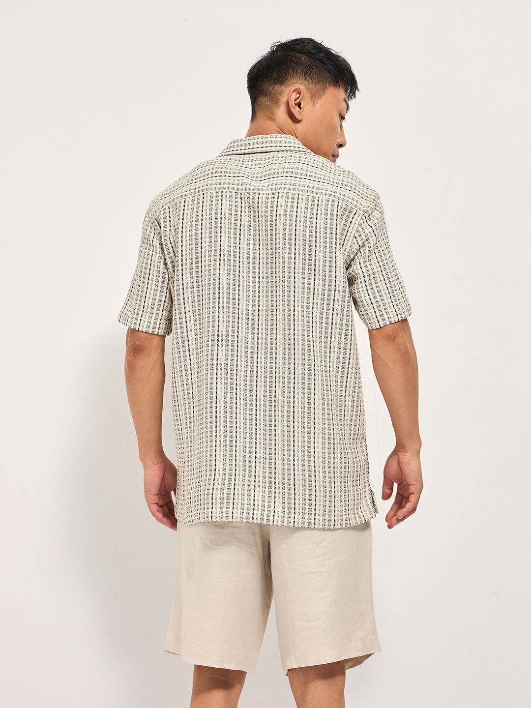 Men Cream Textured Striped Regular Fit Casual Shirt