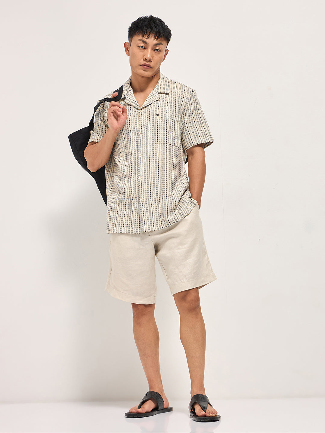 Men Cream Textured Striped Regular Fit Casual Shirt