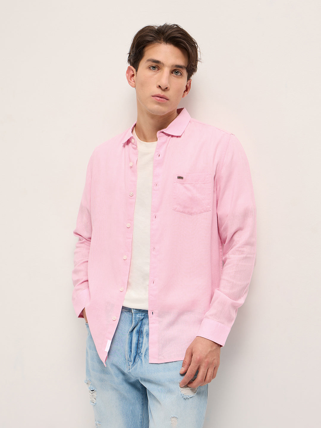 Men Pink Solid Lyocell Slim Fit Casual Shirt