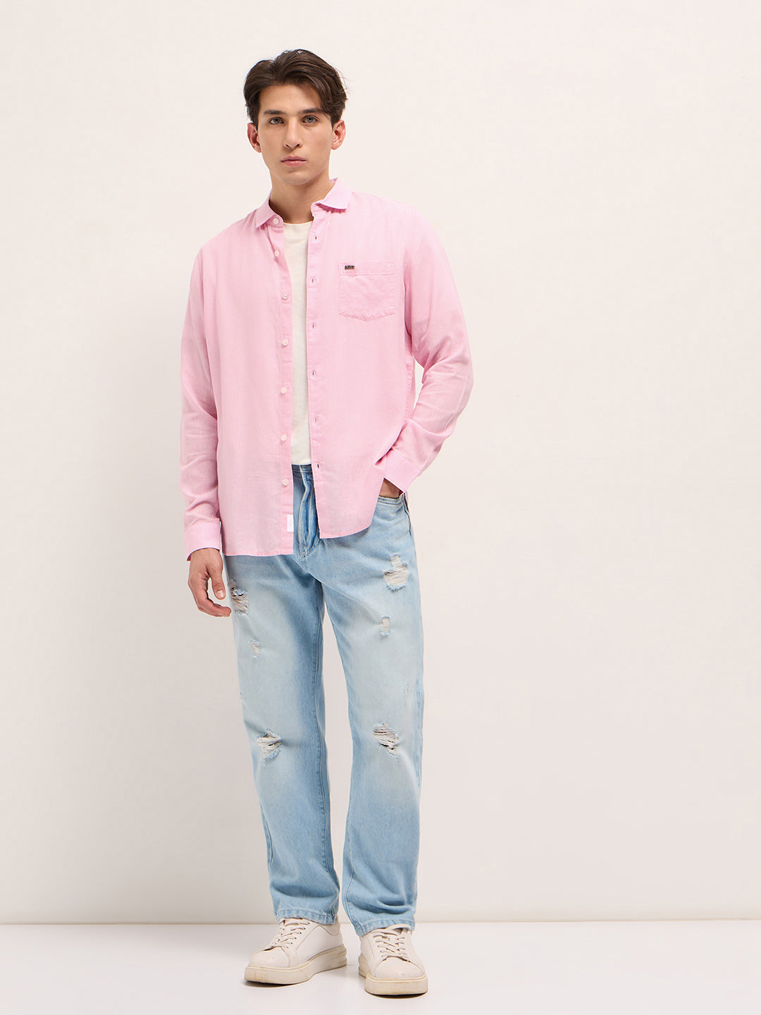 Men Pink Solid Lyocell Slim Fit Casual Shirt
