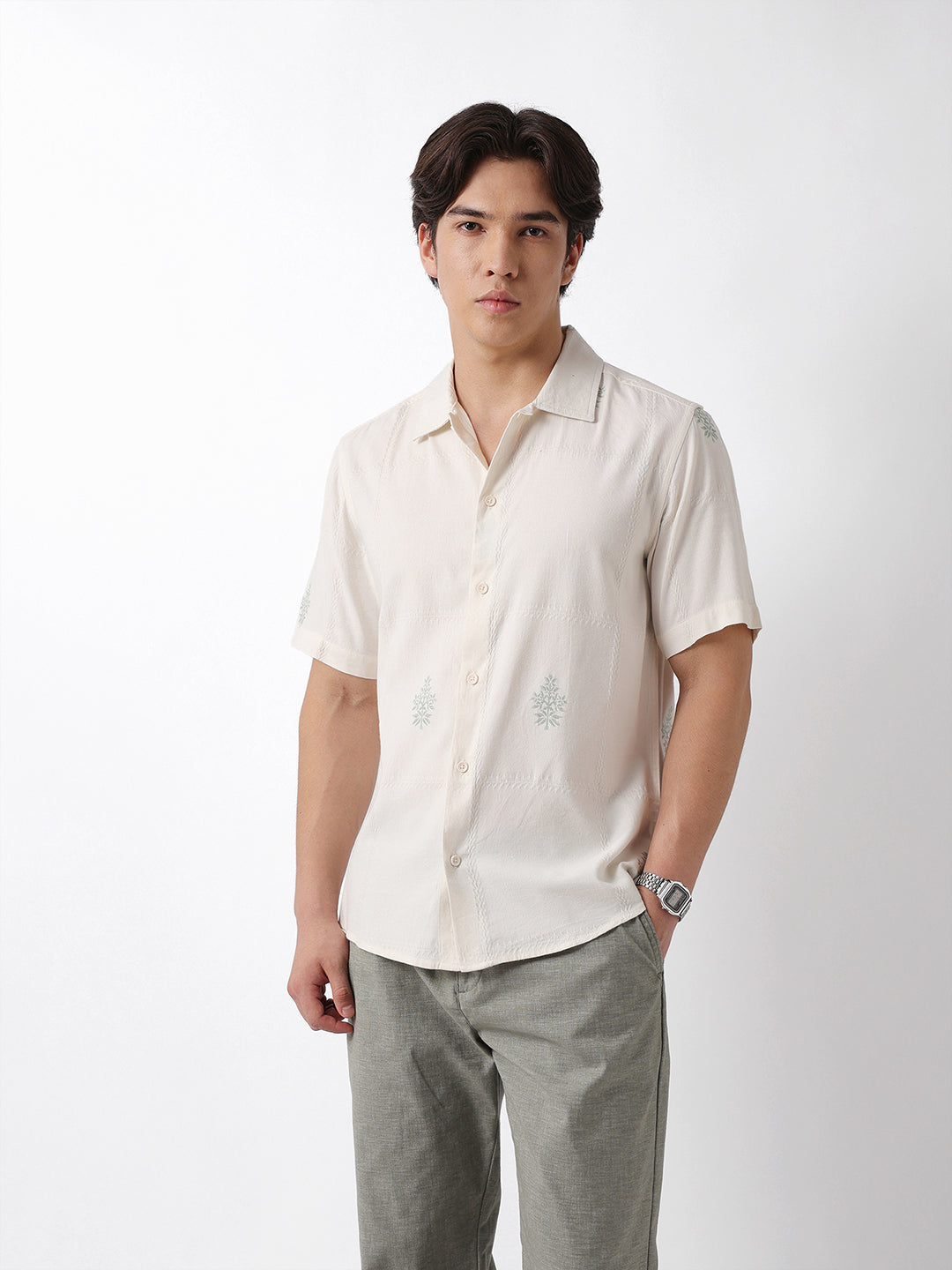 Men Green Embroidered Casual Shirt