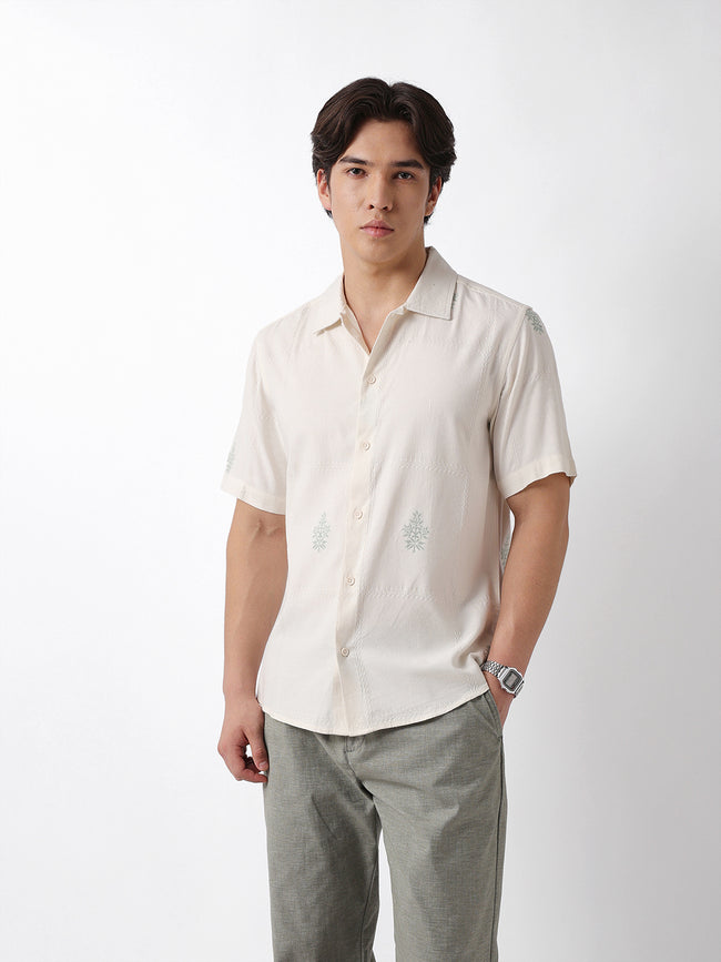 Men Green Embroidered Casual Shirt