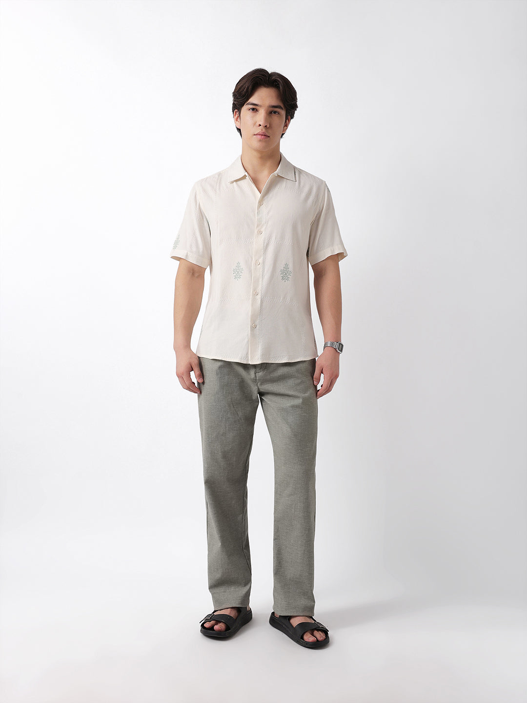 Men Green Embroidered Casual Shirt