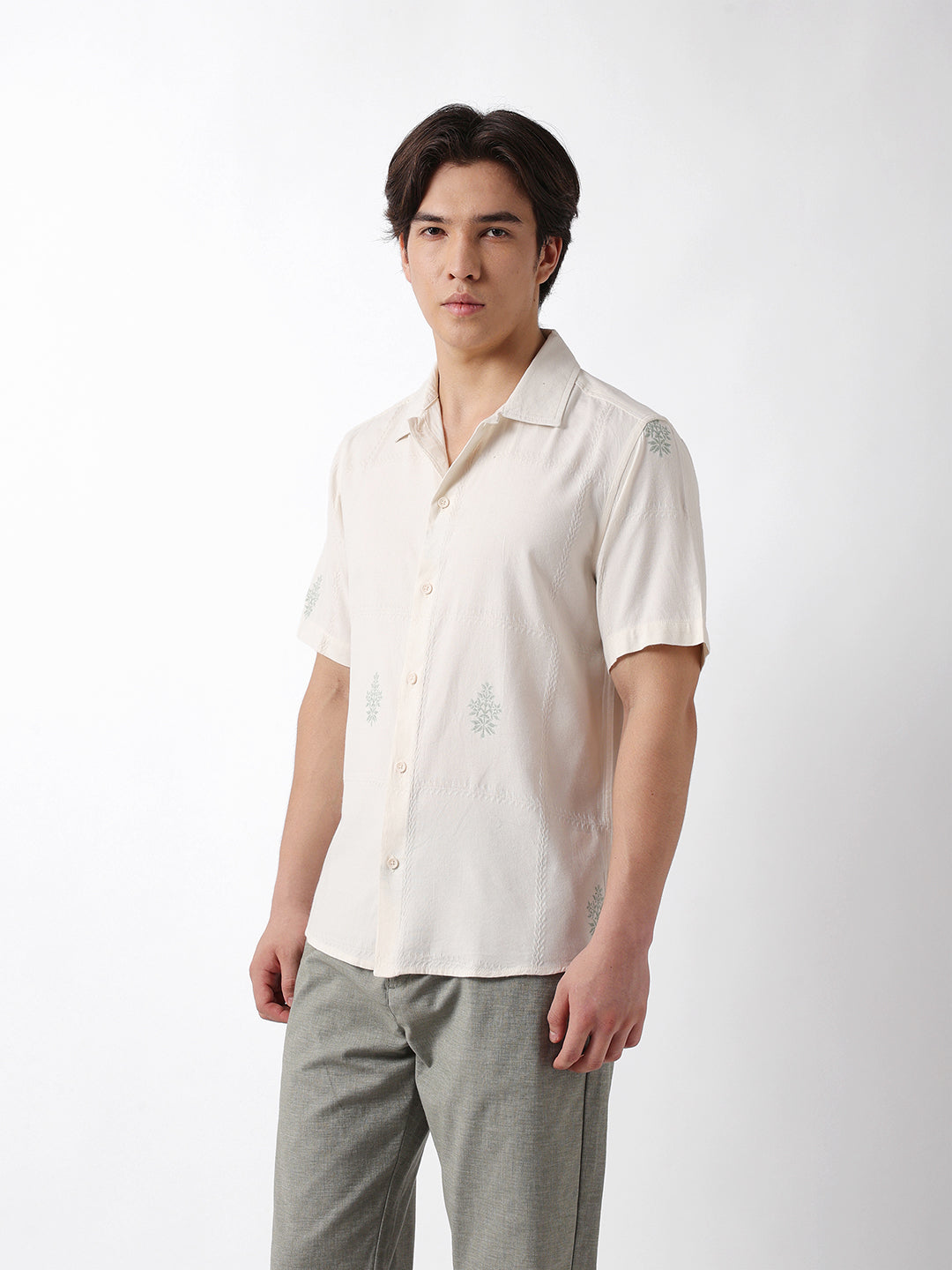 Men Green Embroidered Casual Shirt